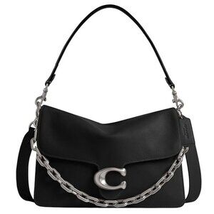 💥NWT! COACH Chain Tabby 30 Black & Silver Full Grain Leather Shoulder Bag CY920